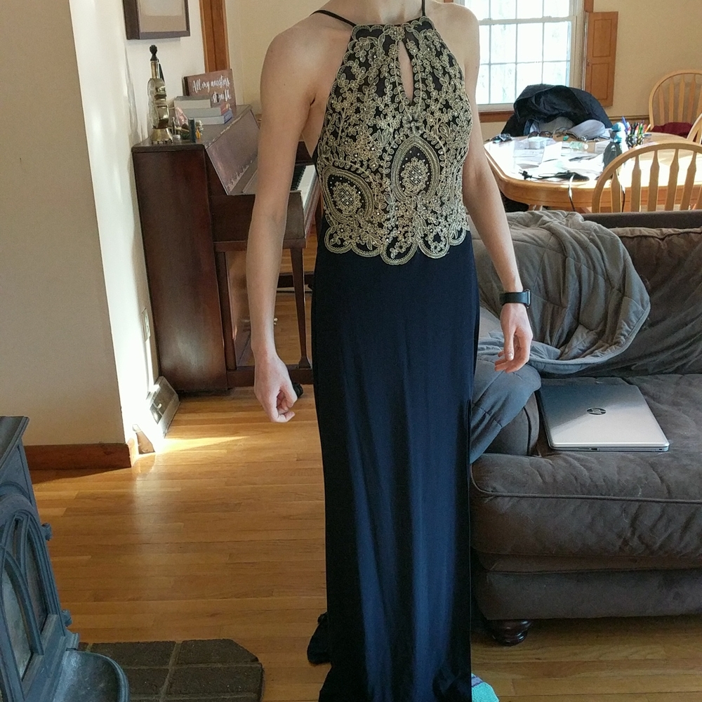 Navy blue and gold formal dress.